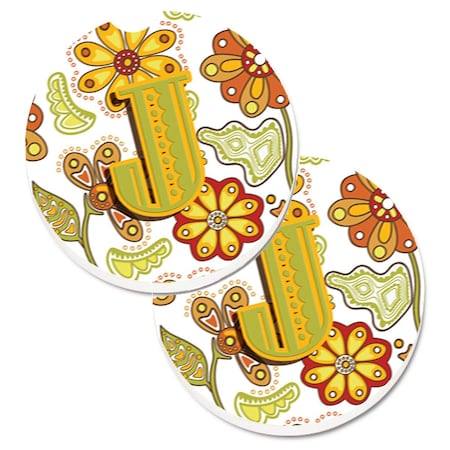Carolines Treasures Letter J Floral Mustard and Green Set of 2 Cup Holder Car Coaster CJ2003-JCARC
